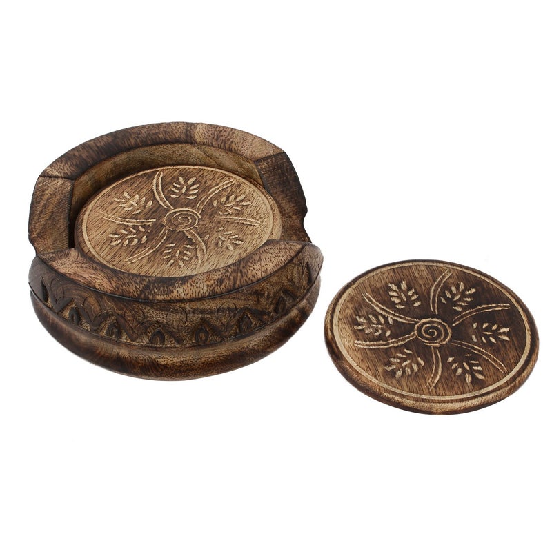 GoCraft Wooden Coasters Set of 6 | Handmade Drink Coasters with Lotus Shaped Holder in Rustic Wood Design Carving - Image 3